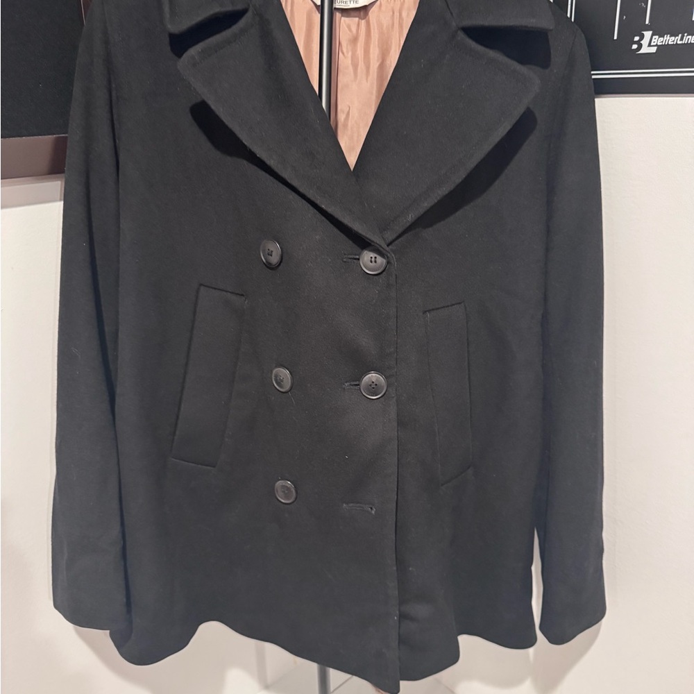 Fleurette Elegant Black Double-Breasted Pea Coat